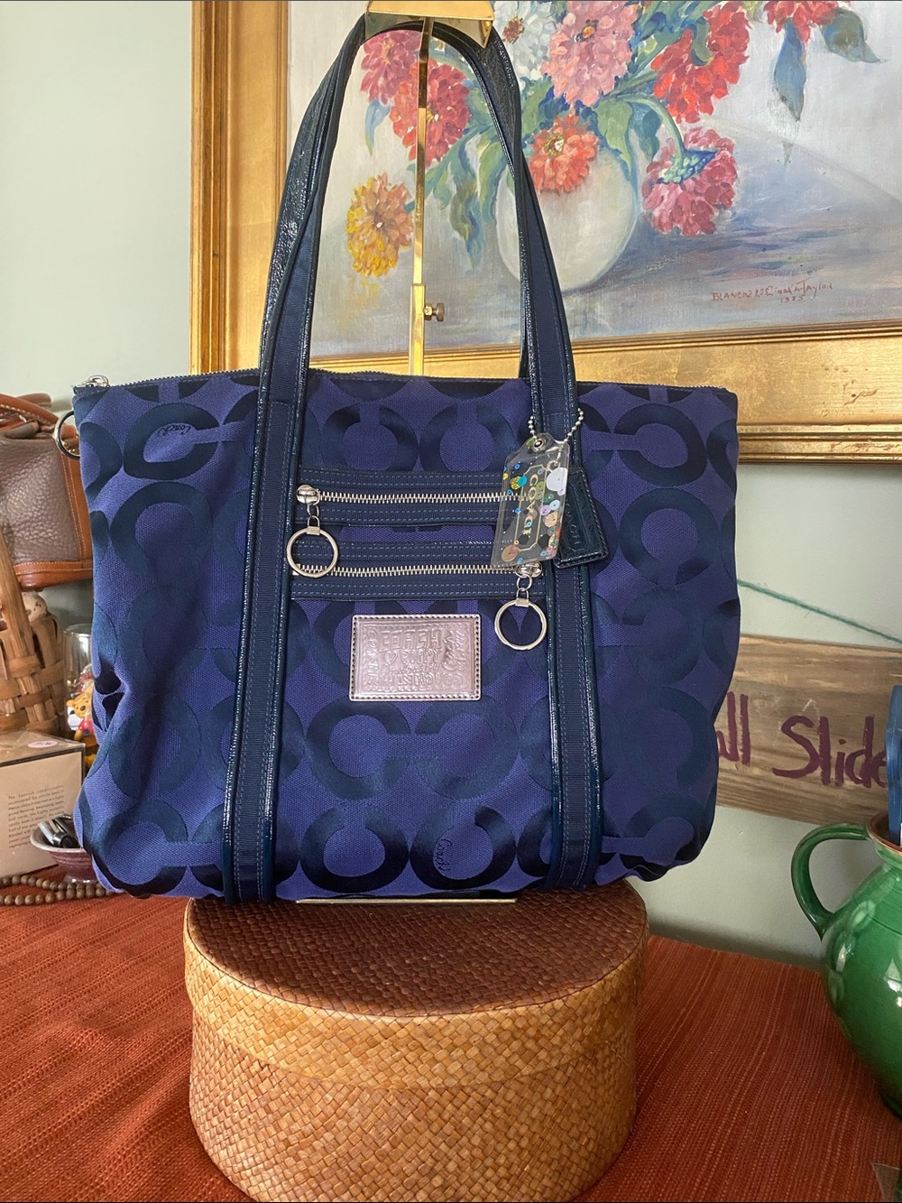 COACH Poppy Op Art Glam Dark Blueberry Blue and Yellow Tote Bag #13826